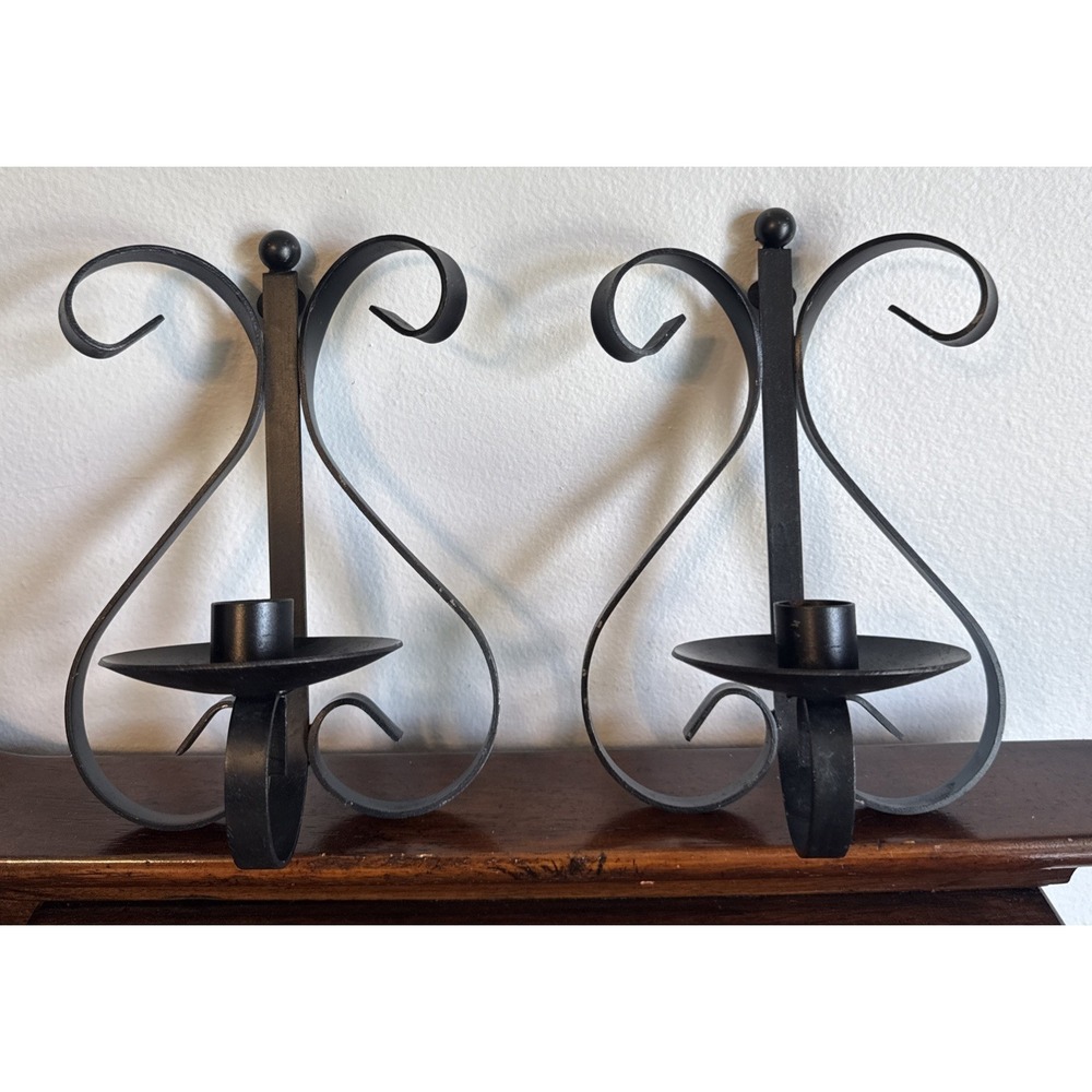 2 - 9" Black Wrought Iron Wall Candle Sconces Scroll Design Pair Set Vintage